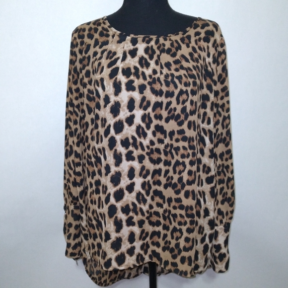 Zenobia Tops - Long Sleeve Animal Print Button Down Back Blouse- XXL